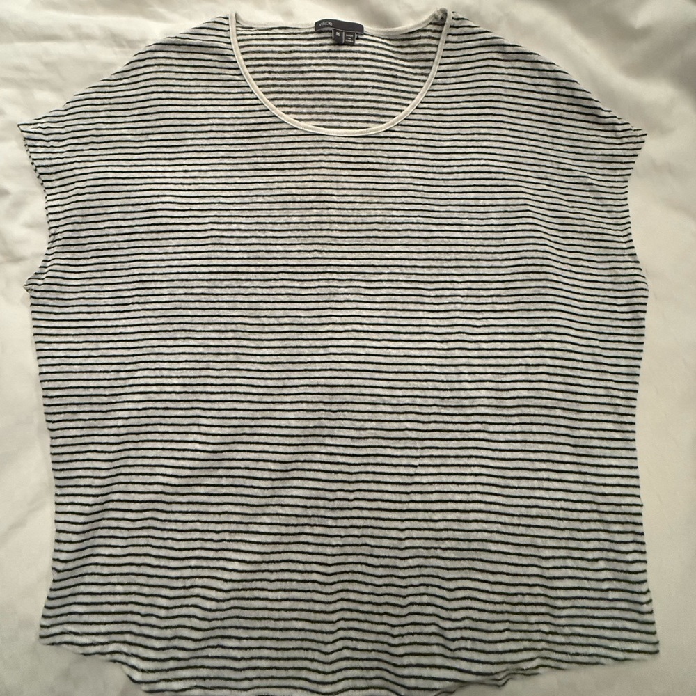 Vince Women's Linen Tee, Micro Stripe Ivory and Black Classic Capsule/Cocoon